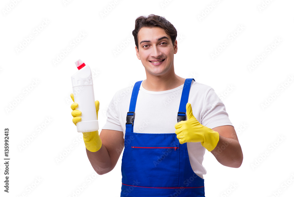 Man with cleaning agents isolated on white background Man with cleaning agents isolated on white background