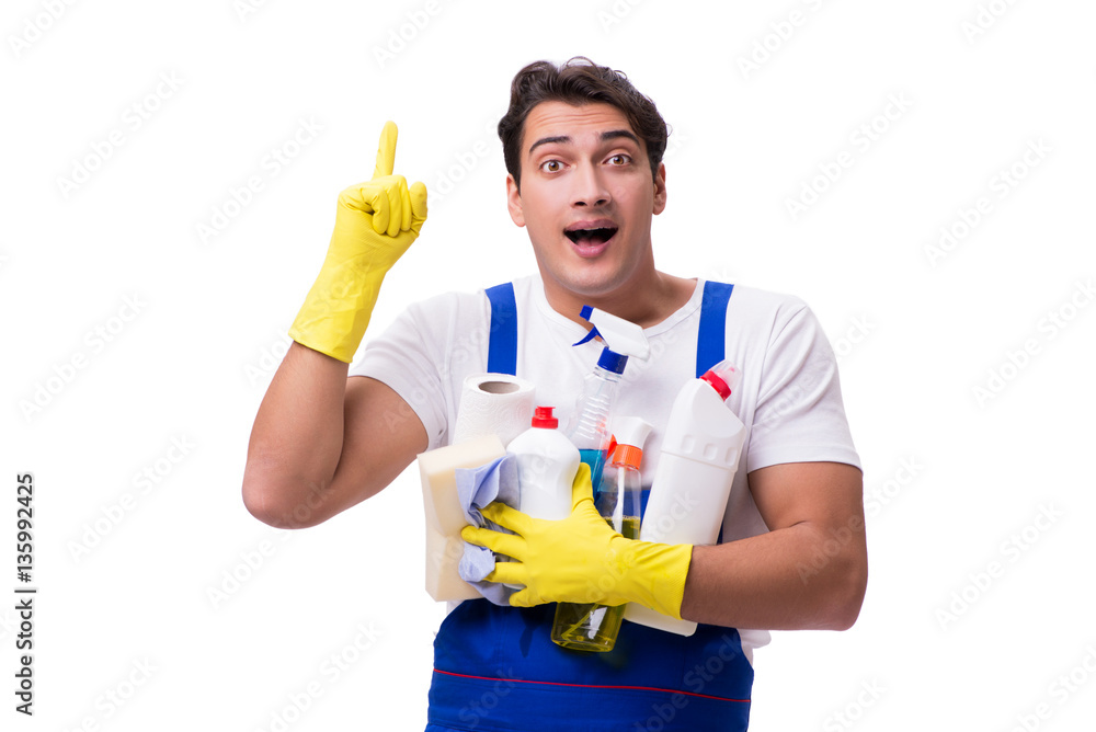 Man with cleaning agents isolated on white background Man with cleaning agents isolated on white background