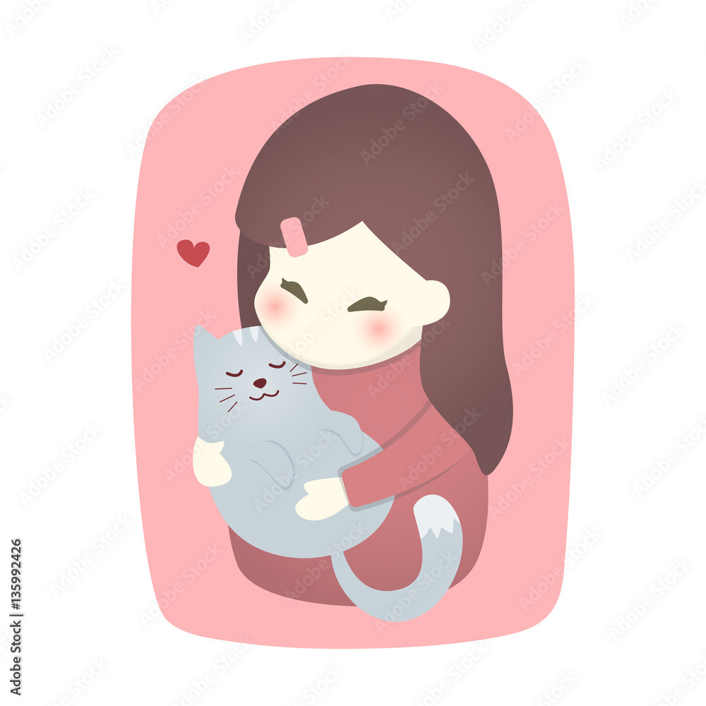 Cute girl hugging cat with love, Vector cartoon illustration Cute girl hugging cat with love, Vector cartoon illustration