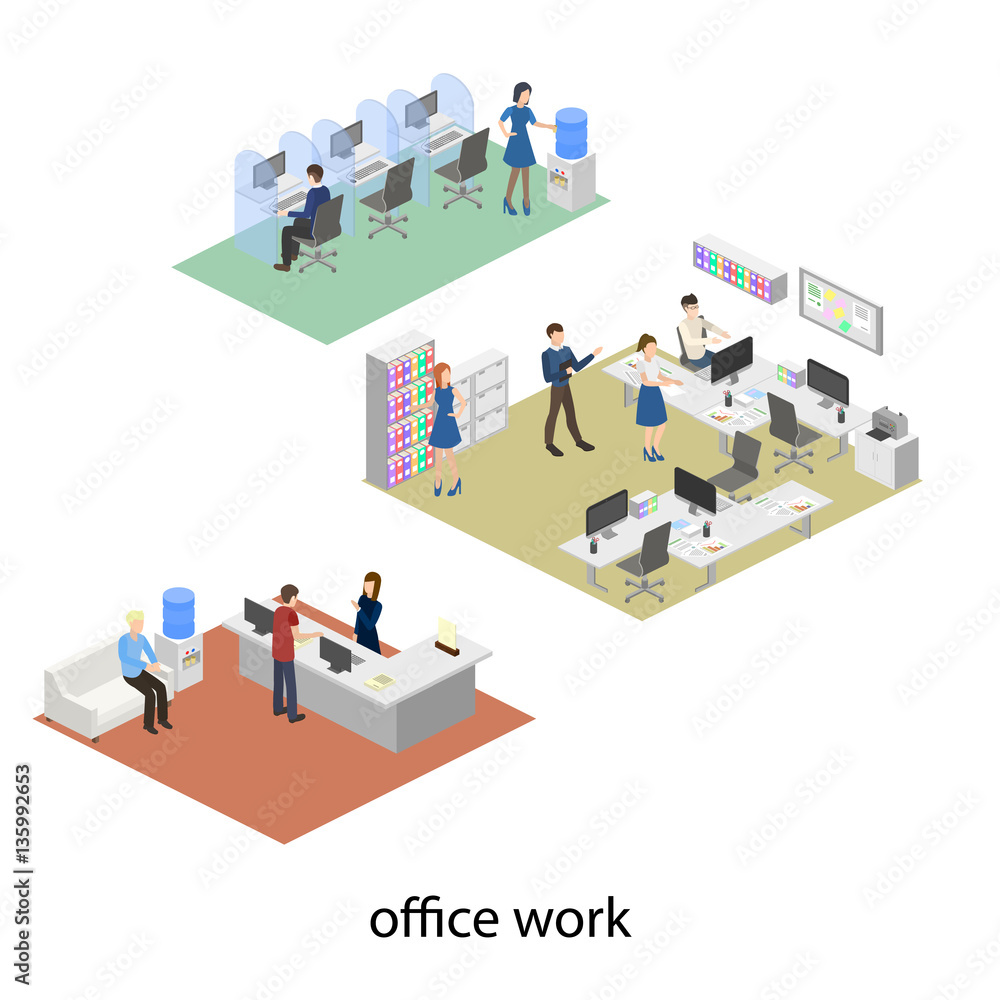 Isometric flat 3D concept vector design interior office set with workers and support hotline Isometric flat 3D concept vector design interior office set with workers and support hotline
