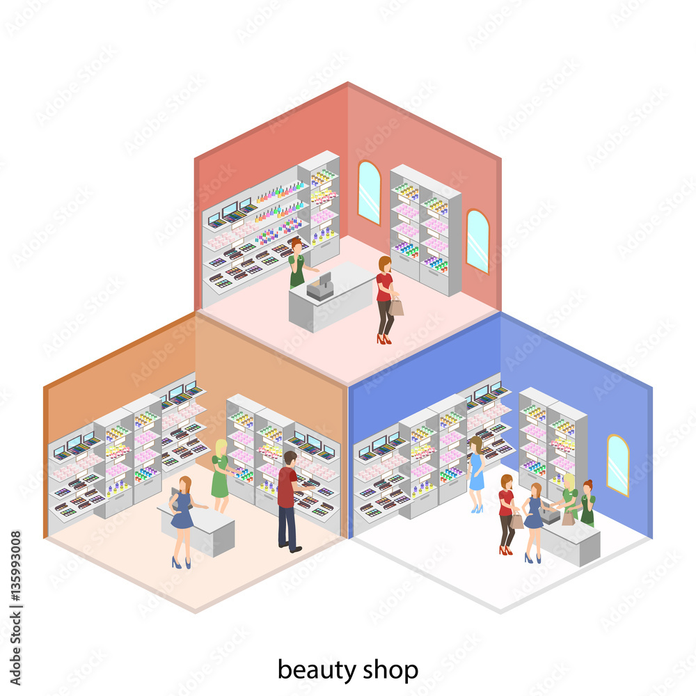 Isometric 3D interior design vector illustartion of cosmetics store, beauty shop. Customer and cashier.