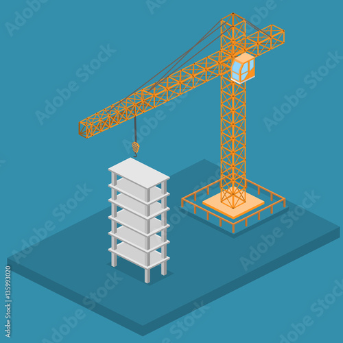 Isometric 3D vector illustration truck crane construction. construction of a multistory building.