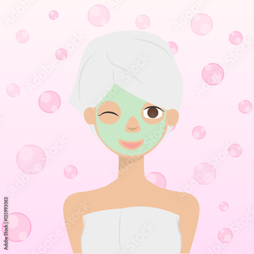 Beautiful sweet girl or woman with a face mask after shower vector illustration cartoon character. Facials.