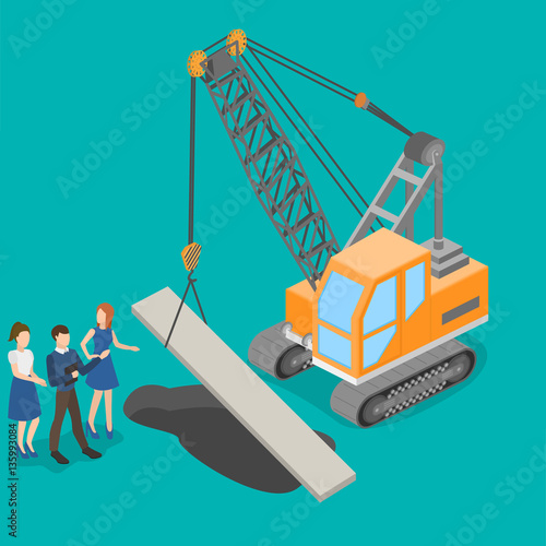 Isometric 3D vector illustration teamwork corrective. Concept idea truck crane work together to achieve a common result. Construction of roads, construction and project management.