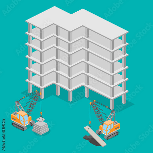 Isometric 3D vector illustration truck crane construction. construction of a multistory building.