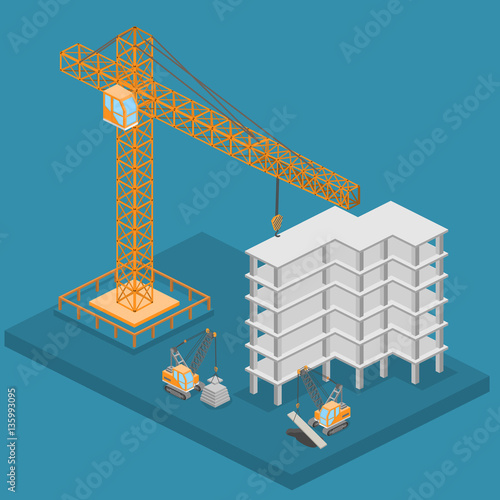 Isometric 3D vector illustration truck crane construction. construction of a multistory building.