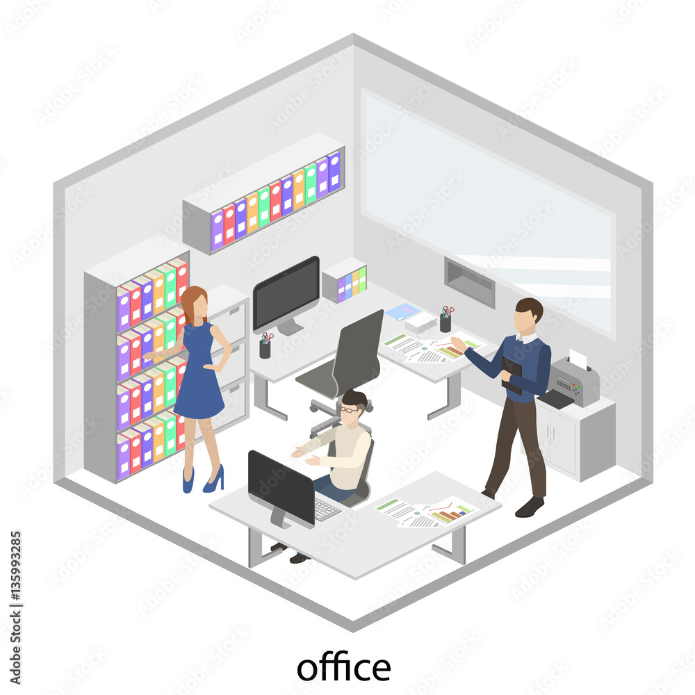 3D isometric interior design office. Department concept. 3D isometric interior design office. Department concept.
