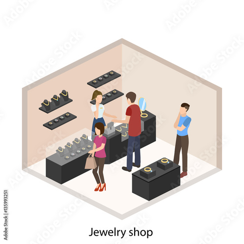 Isometric flat 3D concept vector illustration interior of jewelry store.