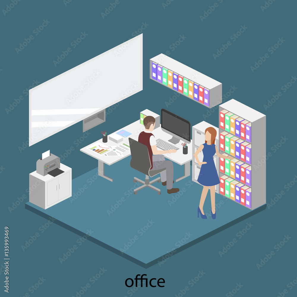 3D isometric interior design office. Department concept. 3D isometric interior design office. Department concept.