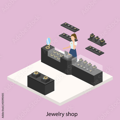 Isometric flat 3D concept vector illustration interior of jewelry store.