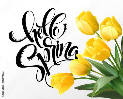 Hello Spring hand Lettering with tulip flower. Vector illustration #135993633