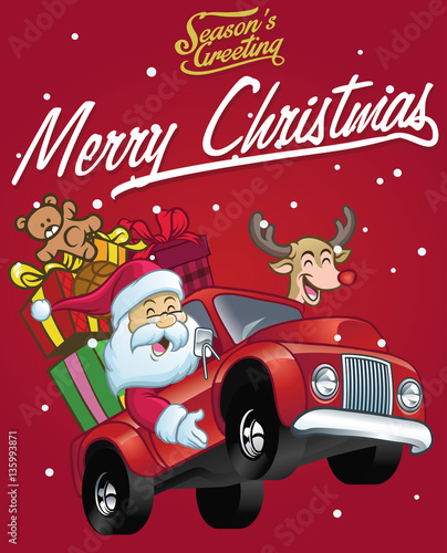 happy santa claus drive a truck full of christmas gifts