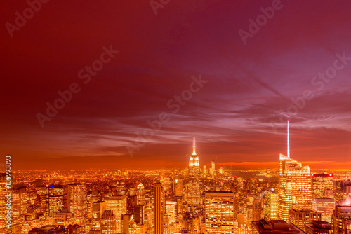 Night view of New York Manhattan during sunset