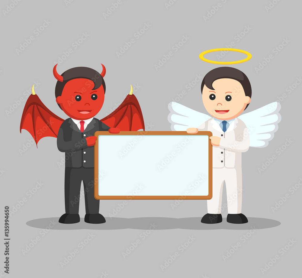 devil and angel businessman holding board