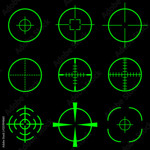 Set of green crosshair scope target on black background