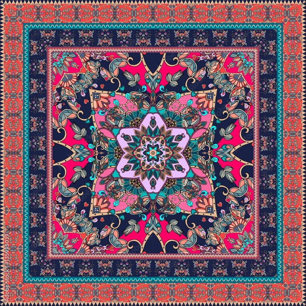 Oriental scarf with ornamental border. Lovely tablecloth. Carpet. Ethnic bandana print. Pillowcase. Print for fabric. Ceramic tile. Kerchief square design pattern. Indian rug. Oriental scarf with ornamental border. Lovely tablecloth. Carpet. Ethnic bandana print. Pillowcase. Print for fabric. Ceramic tile. Kerchief square design pattern. Indian rug.