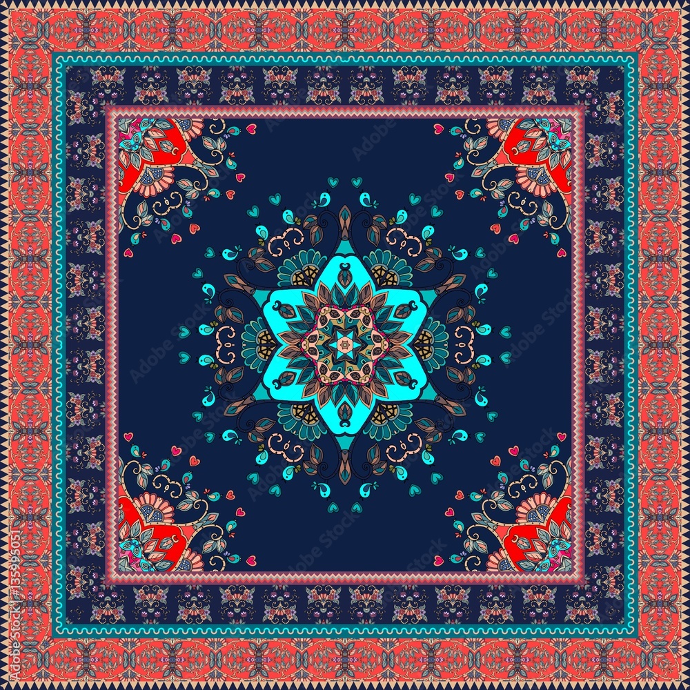 Oriental scarf with ornamental border, stylized star, birds and flowers.  Lovely tablecloth. Carpet. Ethnic bandana print. Print for fabric. Ceramic  tile. Kerchief square design pattern. Indian rug. Stock Illustration |  Adobe Stock