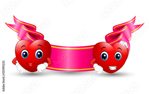 Two red smiling cartoon hearts with color ribbon pink on white background