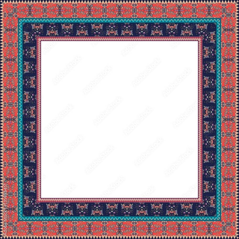 Ornamental frame - 4. Ethnic motives. Lovely tablecloth. Bandana print. Scarf. Packaging. Carpet. Wedding invitation. Space for text. Ornamental frame - 4. Ethnic motives. Lovely tablecloth. Bandana print. Scarf. Packaging. Carpet. Wedding invitation. Space for text.
