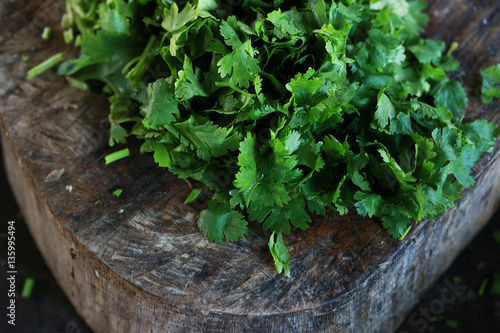 Fresh green cilantro, coriander leaves  with slice on wooden surface