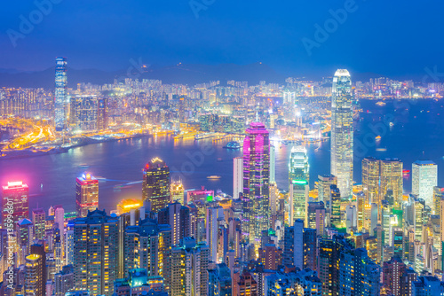 Colorful city skyline of Hong Kong business area at night viewing from Victoria Peak.