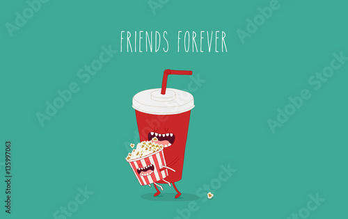 Funny cola glass with popcorn box. Vector cartoon. Movies, cinema. Vector cartoon. fast food. Friends forever.