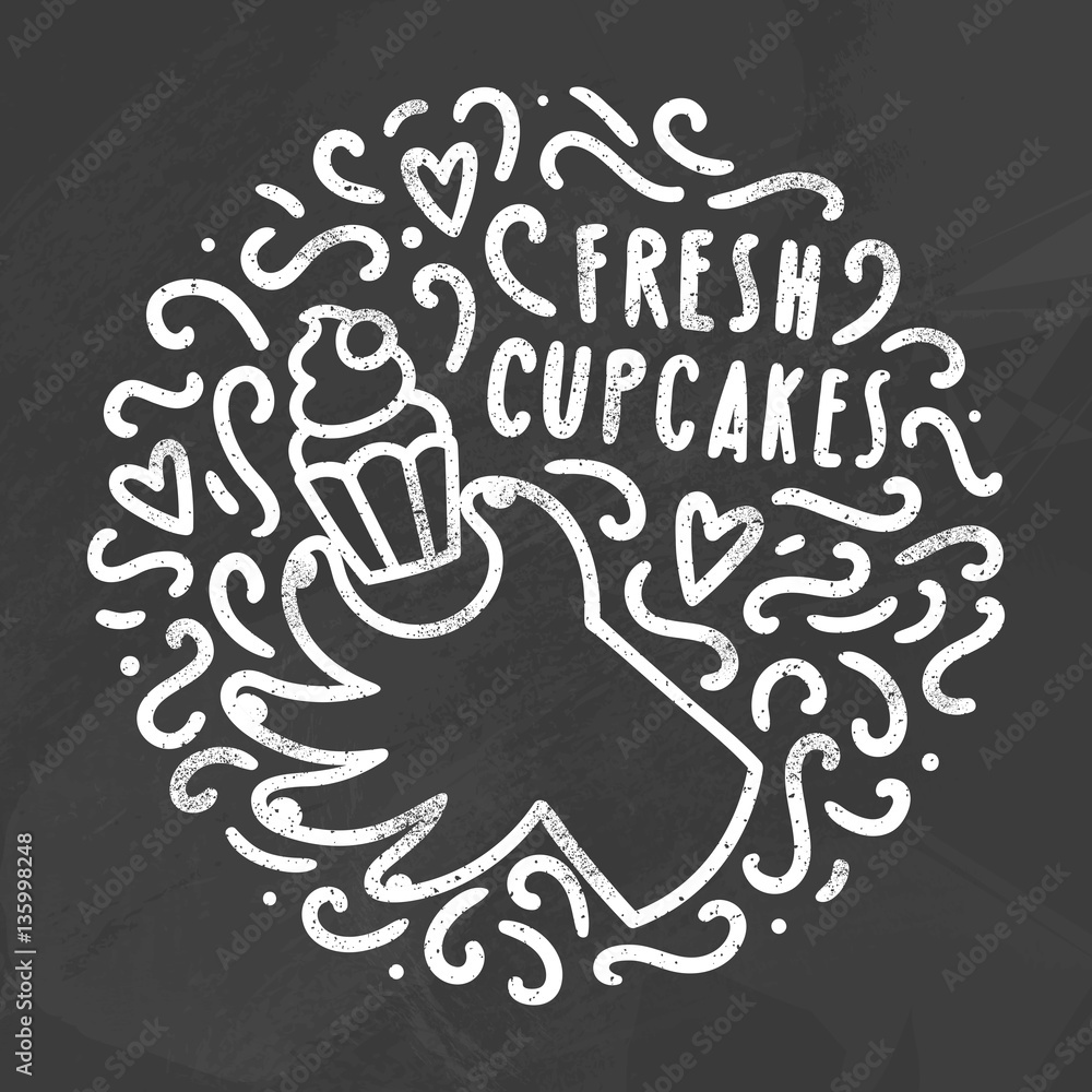 Hand holding cupcake and doodles. White chalk on the blackboard. Vector illustration. Hand holding cupcake and doodles. White chalk on the blackboard. Vector illustration.