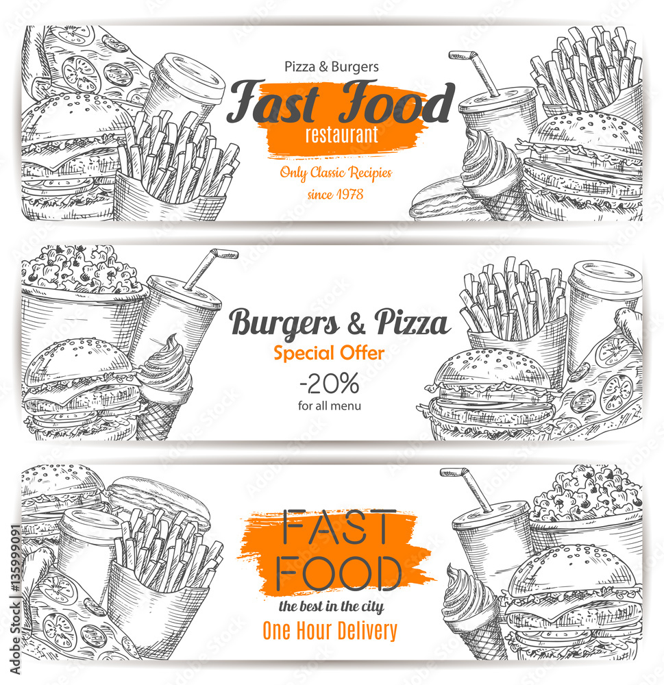 Fast food restaurant vector sketch banners set