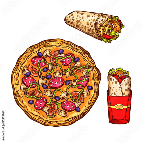 Fast food pizza, doner burrito vector sketch icons