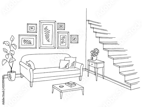 Living room graphic black white interior sketch illustration vector