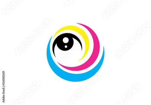 eye logo, circle eye vision logo icon cmyk, swirl optic illustration symbol, sphere vortex vector design
