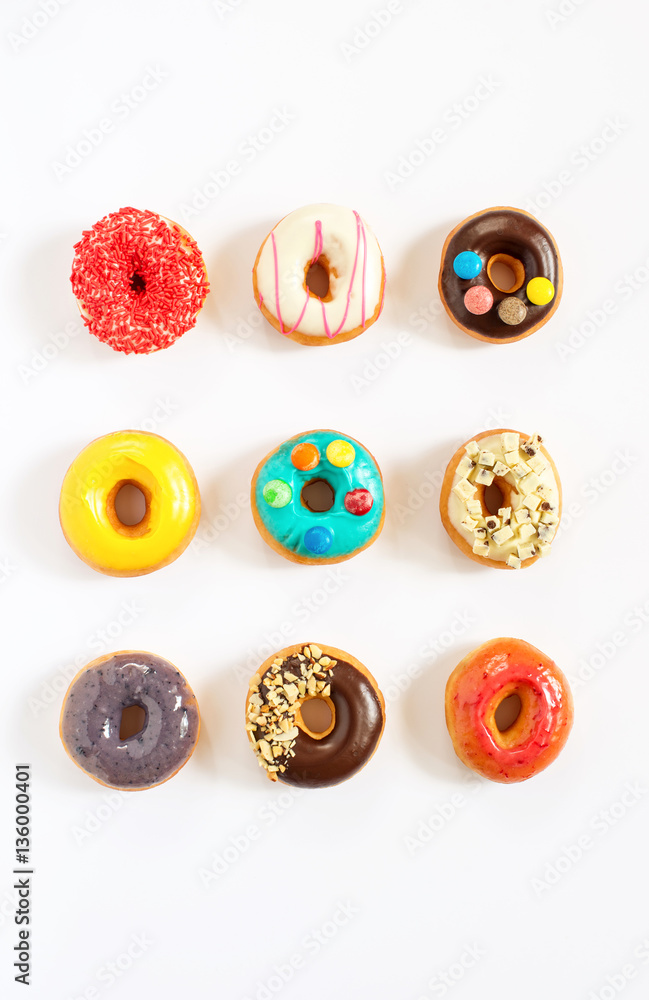 colorful donuts on white background. colorful donuts on white background.