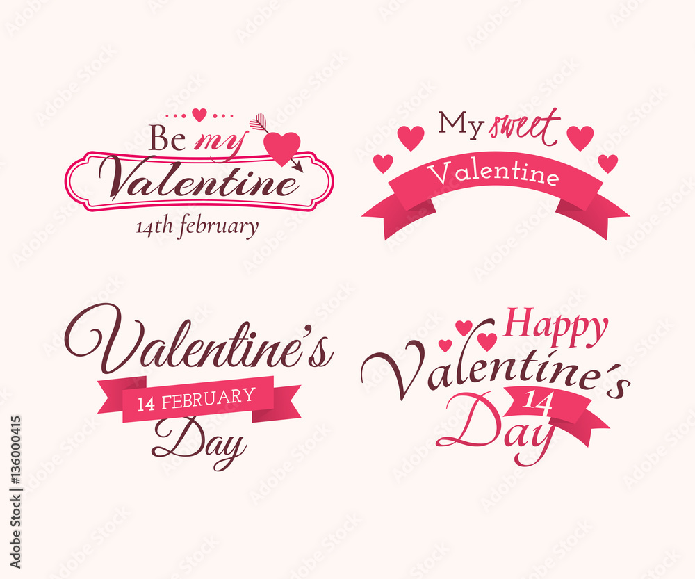 Vector set of badges and labels with title “Happy Valentine’s day”, “Be my Valentine” and “My sweet Valentine”. Decoration elements with holiday symbols (hearts, arrow and ribbon). Vector set of badges and labels with title “Happy Valentine’s day”, “Be my Valentine” and “My sweet Valentine”. Decoration elements with holiday symbols (hearts, arrow and ribbon).