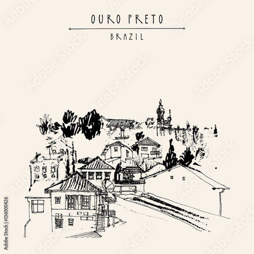 Houses and churches on the hills of Ouro Preto gorgeous town, Minas Gerais state, Brazil, South America. Vintage hand drawn postcard, book illustration or poster