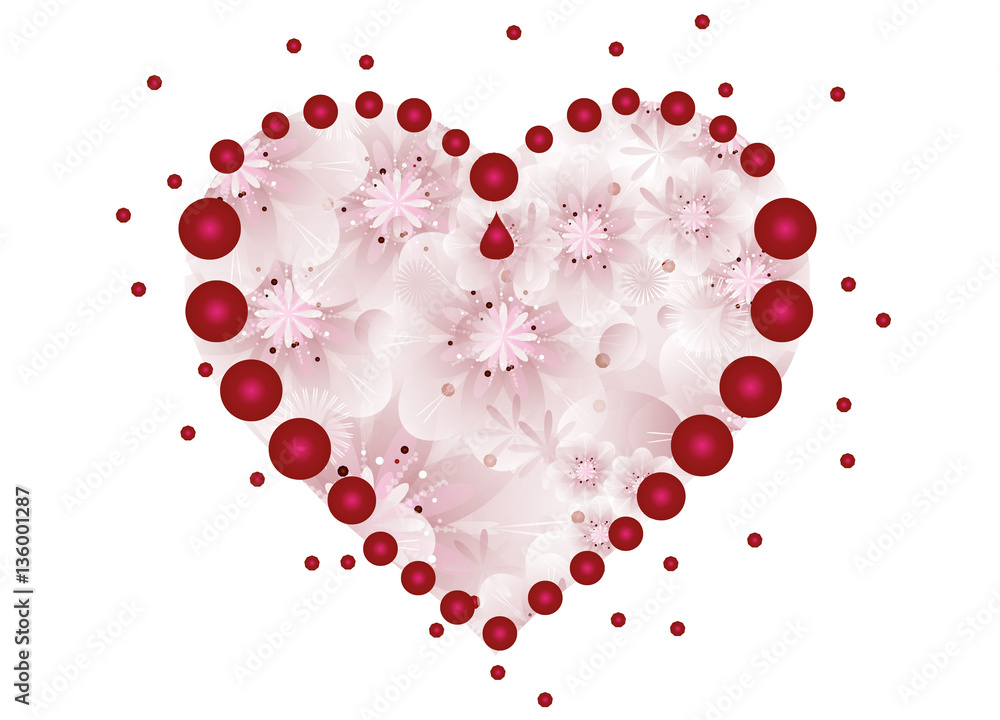 Valentins Herz.
Herzform aus roten Kugeln mit Pastell Blüten gefüllt