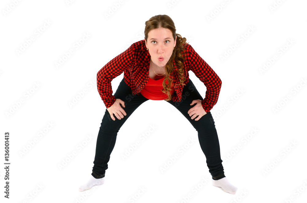 Pregnant woman doing exercises  focusing on her breathing ,  isolated over white background