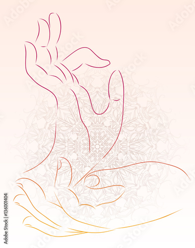 Vector illustration of a hand of a Buddha with a mandala pattern. Vector element for your creativity