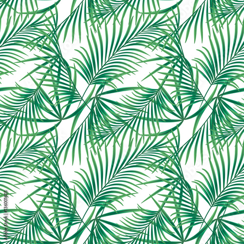 Seamless tropical floral pattern, green leaves on a white background.