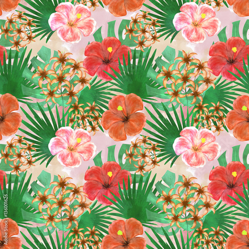 Seamless tropical floral pattern  pink   red flowers  green leaves on a light background.