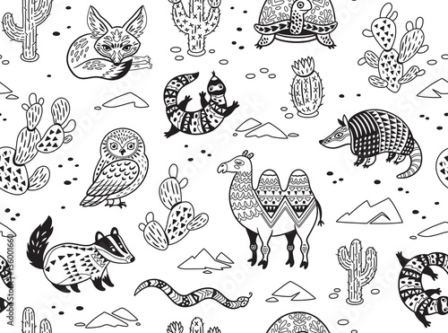 Seamless pattern with desert animals in monochrome tyle