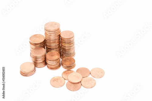 coin, bronze coin stack isolated on white background
