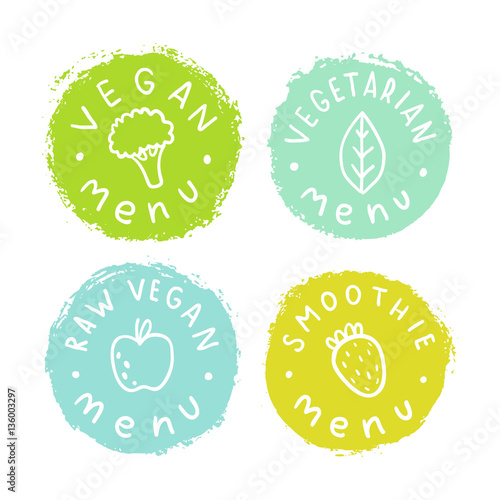 Vegan, vegetarian, raw smoothie menu badges. Vector hand drawn illustration