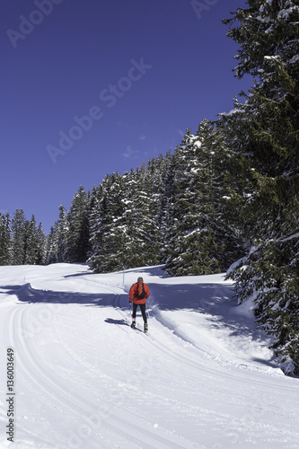 einsamer Skilangläufer auf breiter Loipe