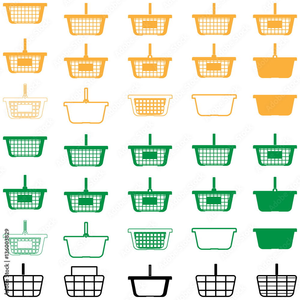 Basket yellow, green and black colour - set icons. Basket yellow, green and black colour - set icons.