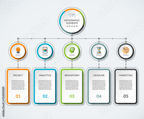 Infographic template with 5 option circles and columns. Modern minimalistic vector banner what can be used as chart, diagram, graph, table, workflow layout for web, report, business presentation