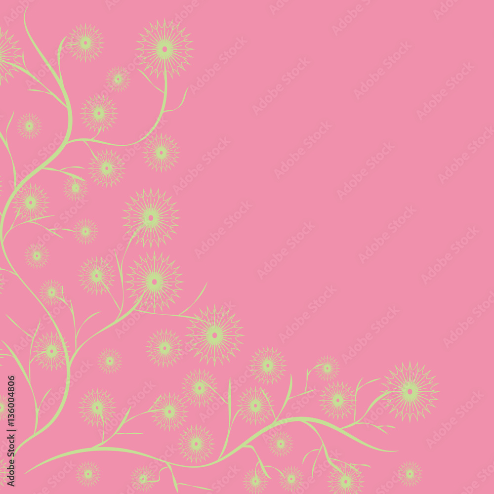 
vector illustration green branches with flowers on a pink background