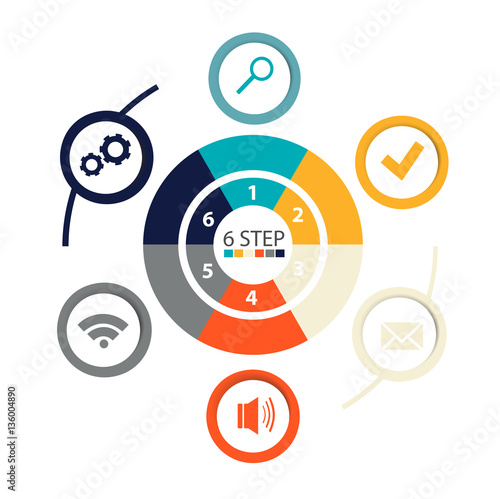 Modern circular infographics of 6 steps, segments for annual reports, charts, presentations, web design