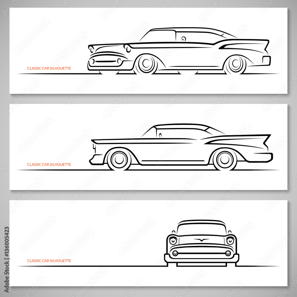 Fototapeta Set of vintage classic car silhouettes, outlines, contours. Front, side and three-quarter view. Vector illustration isolated on white background