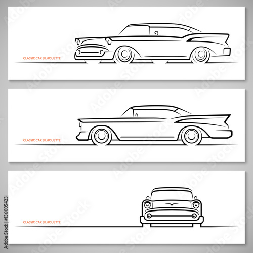 Set of vintage classic car silhouettes, outlines, contours. Front, side and three-quarter view. Vector illustration isolated on white background