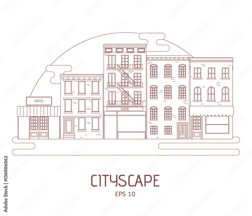 Apartment Houses and City Public Buildings. Cityscape. LIne Vector Illustration of Urban Landscape. City Background.